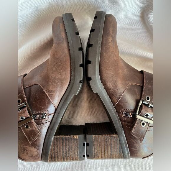 UGG Lana Brown Leather & Shearling Biker Boot, knee high, zipper & buckle size 7 - Picture 10 of 13